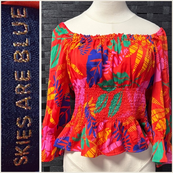 Skies Are Blue Tops - Skies Are Blue Off Shoulder Smocked Peplum Top Tropical Floral Print Large